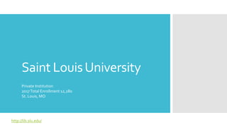 Saint LouisUniversity
http://lib.slu.edu/
Private Institution
2017Total Enrollment 12,280
St. Louis, MO
 