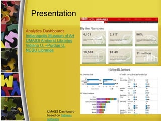 Presentation
Analytics Dashboards
Indianapolis Museum of Art
UMASS Amherst Libraries
Indiana U. –Purdue U.
NCSU Libraries
UMASS Dashboard
based on Tableau
software
 