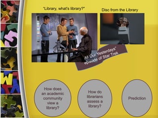 “Library, what's library?" Disc from the Library
How does
an academic
community
view a
library?
How do
librarians
assess a
library?
Prediction
 