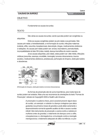 LIBR – 13
Libras
ATIVIDADE 2CAUSAS DA SURDEZ
OBJETIVO
Fundamentar as causas da surdez.
TEXTO
São várias as causas da surdez, sendo que elas podem ser congênitas ou
adquiridas.
Entre as causas congênitas existem as pré-natais e as perinatais. São
causas pré-natais: a hereditariedade, a má formação do ouvido, infecções maternas
(rubéola, sífilis, caxumba, toxoplasmose), desnutrição, drogas, medicamentos ototóxicos
e radiações. As causas peri-natais podem ser: anoxia, traumatismo, prematuridade,
incompatibilidade do fator RH (mãe x bebê), doença hemofílica do recém-nascido.
Já as causas adquiridas, pós-natais, estas podem ser: otite média, infecções
viróticas (caxumba, sarampo, encefalite, meningite), tumores intracranianos, trauma
acústico, medicamentos ototóxicos, presbiacusia, perfuração do tímpano, obstrução tubária
e otosclerose.
(Perfuração do tímpano, obstrução tubária e tumores intracranianos)
As formas de prevenção são de suma importância, pois muitos tipos de
surdez podem ser evitados. Mais uma vez recorramos às orientações do texto “Formas de
Prevenção”, retirado do Copyright© 2000 e Health Latin America:
A prevenção é a palavra-chave, pois é possível prevenir alguns tipos
de surdez, um exemplo: a rubéola é a doença contagiosa que ataca
gestantes nos primeiros meses de gravidez e pode afetar seriamente o
desenvolvimentonormaldoaparelhoauditivodofetoecausarasurdez
infantil. São instrumentos de prevenção: a vacina contra a rubéola em
mulheres antes da gravidez; o tratamento de doenças como a sífilis,
a toxoplasmose e o citomegalovírus; a imunização contra a meningite
meningocócica; o tratamento adequado de otites na infância; e a pre-
 