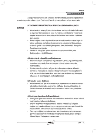 LIBR – 67
Libras
ATIVIDADE 13
A seguir apresentamos em síntese o atendimento educacional especializado
aos alunos surdos, oferecido no Estado do Paraná, o qual é referencial em nosso país:
ATENDIMENTO EDUCACIONAL ESPECIALIZADO AOS ALUNOS
SURDOS
•	 Atualmente, a educação escolar de alunos surdos no Estado do Paraná,
a depender da realidade de cada município, poderá ocorrer no contexto
regular de ensino com apoios especializados ou em Escolas Especiais
para surdos.
•	 Nosso objetivo maior é possibilitar que em todo município onde haja um
aluno surdo seja ofertado a ele atendimento educacional de qualidade,
que não ignore a sua diferença lingüística e lhe possibilite o avanço no
fluxo da escolarização.
•	 Dentre os serviços e apoios especializados normatizados pela
Deliberação n . 02/2003 estão:
a) Intérprete de Libras/Língua Portuguesa
•	 Profissional com competência lingüística em Libras/Língua Portuguesa,
que atua no contexto do ensino regular no qual há alunos surdos
matriculados.
•	 O intérprete não substitui a figura do professor em relação à função
central na mediação do processo de aprendizagem. Sua atuação será
a de mediador na comunicação entre surdos e ouvintes, nas diferentes
situações de aprendizagem e interação social.
b) Instrutor surdo de Libras
•	 Profissional surdo que atua em serviços especializados, desenvolvendo
atividades relacionadas ao ensino e à difusão da Língua Brasileira de
Sinais – Libras e de aspectos socioculturais da surdez na comunidade
escolar.
c) Centro de Atendimento Especializado
•	 Serviço de apoio educacional, em contraturno, destinado a alunos surdos
matriculados na Educação Básica.
•	 Dispõe de professor especialista na área da surdez, cuja função é
realizar um trabalho integrado com o ensino regular para atendimento às
necessidades educacionais especiais dos alunos surdos.
•	 Tem como objetivo complementar o atendimento educacional comum,
por meio do desenvolvimento de uma proposta de educação bilíngüe -
Libras/Língua Portuguesa - para surdos.
 