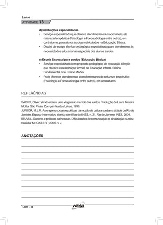 LIBR – 68
Libras
ATIVIDADE 13
d) Instituições especializadas
•	 Serviço especializado que oferece atendimento educacional e/ou de
natureza terapêutica (Psicologia e Fonoaudiologia entre outros), em
contraturno, para alunos surdos matriculados na Educação Básica.
•	 Dispõe de equipe técnico-pedagógica especializada para atendimento às
necessidades educacionais especiais dos alunos surdos.
e) Escola Especial para surdos (Educação Básica)
•	 Serviço especializado com proposta pedagógica de educação bilíngüe
que oferece escolarização formal, na Educação Infantil, Ensino
Fundamental e/ou Ensino Médio.
•	 Pode oferecer atendimentos complementares de natureza terapêutica
(Psicologia e Fonoaudiologia entre outros), em contraturno.
REFERÊNCIAS
SACKS, Oliver. Vendo vozes: uma viagem ao mundo dos surdos. Tradução de Laura Teixeira
Motta. São Paulo: Companhia das Letras, 1998.
JUNIOR, M.J.M. As origens sociais e políticas da noção de cultura surda na cidade do Rio de
Janeiro. Espaço-informativo técnico científico do INES, n. 21. Rio de Janeiro: INES, 2004.
BRASIL. Saberes e práticas da inclusão. Dificuldades de comunicação e sinalização: surdez.
Brasília: MEC/SEESP, 2005. v. 7.
ANOTAÇÕES
 