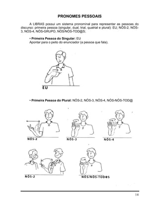 14
PRONOMES PESSOAIS
A LIBRAS possui um sistema pronominal para representar as pessoas do
discurso: primeira pessoa (singular, dual, trial, quatrial e plural): EU; NÓS-2, NÓS-
3, NÓS-4, NÓS-GRUPO, NÓS/NÓS-TOD@S;
• Primeira Pessoa do Singular: EU
Apontar para o peito do enunciador (a pessoa que fala).
• Primeira Pessoa do Plural: NÓS-2, NÓS-3, NÓS-4, NÓS-NÓS-TOD@
 
