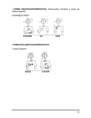 26
• FORMA NEGATIVA/INTERROGATIVA: Sobrancelhas franzidas e aceno da
cabeça negando.
•CASAD@ EU NÃO?
• FORMA EXCLAMATIVA/INTERROGATIVA:
• VOCÊ CASAR?!
 