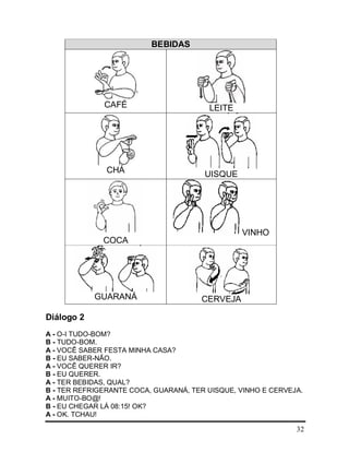 32
BEBIDAS
CAFÉ LEITE
CHÁ UISQUE
COCA
VINHO
GUARANÁ CERVEJA
Diálogo 2
A - O-I TUDO-BOM?
B - TUDO-BOM.
A - VOCÊ SABER FESTA MINHA CASA?
B - EU SABER-NÃO.
A - VOCÊ QUERER IR?
B - EU QUERER.
A - TER BEBIDAS, QUAL?
B - TER REFRIGERANTE COCA, GUARANÁ, TER UISQUE, VINHO E CERVEJA.
A - MUITO-BO@!
B - EU CHEGAR LÁ 08:15! OK?
A - OK. TCHAU!
 