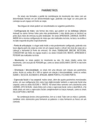 9
PARÂMETROS
Os sinais são formados a partidr da conmbinação do movimento das mãos com um
determindado formato em um detetermindado lugar, podendo este lugar ser uma parte do
comorpo ou um espaço em frente ao corpo.
Nas línguas de sinais podem ser encontratados os seguintes parâmetros:
- Confirguração de mãos: são formas das mãos, que podem ser da datilologia (alfabeto
manual) ou outras formas feitas pela mão predominante ( mão direita para os destros) ou
pelas duas mãos do emissou ou pelo sinalizador. Os sinais APRENDER, LARANJA, OUVIR E
AMOR têm a mesma configuração de mãos que são realizadas na testa, na boca, na orelha e
no lado esquerdo do peito respectivamente;
- Ponto de articulação: é o lugar onde inside a mão predominante configurada, podendo esta
tocar alguma parte do corpo ou estar em um espaçõ neutro v ertical ( do meio do corpo até a
cabeça) e horizontal (à frente do emissor). Os sinais TRABALHAR, BRICAR, BESTEIRA,
CONSERTAR são feitos no espaço neutro e os sinais ESQUECER, MENTE, APRENDER E
PENSAR são realizados na testa;
- Movimento: os sinais podem ter movimento ou não. Os sinais citados acima têm
movimento, com exceção de PENSAR que, como os sinais AJOELHAR E EM-PÉ m não teêm
movimento;
- Orientação / direcionalidade: os sinais têm uma direção com relação aos parâmetros
acima. Assim os verbos IR e VIR se opõem em relação à derecionalidade, como os verbos
SUBIR e DESCER, ACENDER E APAGAR, ABRIR-PORTA e FECHAR-PORTA;
- Expressão facial e / ou corporal: muitos sinais, além dos quatro parâmetros mencionados
acima, em sua configuração têm como traço digferenciador também a expressão facial e/ou
corporal, como os sinais ALEGRE e TRISTE. Há sinais feitos somente com a bochecha como
LADRÃO, ATO-SEXUAL; sinais feitos com a mão e expressão facial, como o sinal BALA, e há
ainda sinais em sons e expressões faciais complementam os traços manuais, como os sinais
HELICOPTERO e MOTOR.
Na combinação destes cinco parâmetros, tem-se o sinal. Falar com as mãos é, portanto,
combinar estes elemenstos para formarem as palavras e estas formarem as frases em um
contexto.
 