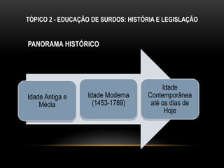 Idade Antiga e
Média
Idade Moderna
(1453-1789)
Idade
Contemporânea
até os dias de
Hoje
PANORAMA HISTÓRICO
TÓPICO 2 - EDUCAÇÃO DE SURDOS: HISTÓRIA E LEGISLAÇÃO
 