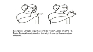 Exemplo de variação linguística: sinal de "verde", usado em SP e RS.
Fonte: Dicionário enciclopédico ilustrado trilíngue da língua de sinais
brasileira.
 