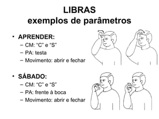 LIBRAS
exemplos de parâmetros
• APRENDER:
– CM: “C” e “S”
– PA: testa
– Movimento: abrir e fechar

• SÁBADO:
– CM: “C” e “S”
– PA: frente à boca
– Movimento: abrir e fechar

 