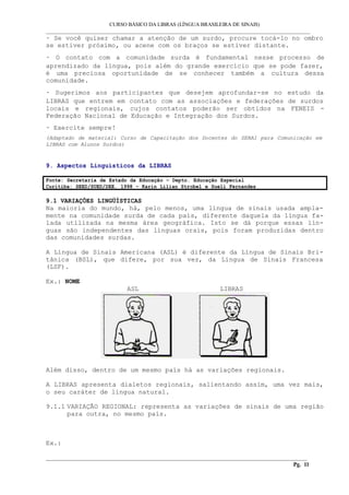CURSO BÁSICO DA LIBRAS (LÍNGUA BRASILEIRA DE SINAIS)
___________________________________________________________________________________________
· Se você quiser chamar a atenção de um surdo, procure tocá-lo no ombro
se estiver próximo, ou acene com os braços se estiver distante.
· O contato com a comunidade surda é fundamental nesse processo de
aprendizado da língua, pois além do grande exercício que se pode fazer,
é uma preciosa oportunidade de se conhecer também a cultura dessa
comunidade.
· Sugerimos aos participantes que desejem aprofundar-se no estudo da
LIBRAS que entrem em contato com as associações e federações de surdos
locais e regionais, cujos contatos poderão ser obtidos na FENEIS -
Federação Nacional de Educação e Integração dos Surdos.
· Exercite sempre!
(Adaptado de material: Curso de Capacitação dos Docentes do SENAI para Comunicação em
LIBRAS com Alunos Surdos)
9. Aspectos Linguísticos da LIBRAS
Fonte: Secretaria de Estado da Educação – Depto. Educação Especial
Curitiba: SEED/SUED/DEE. 1998 – Karin Lilian Strobel e Sueli Fernandes
9.1 VARIAÇÕES LINGÜÍSTICAS
Na maioria do mundo, há, pelo menos, uma língua de sinais usada ampla-
mente na comunidade surda de cada país, diferente daquela da língua fa-
lada utilizada na mesma área geográfica. Isto se dá porque essas lín-
guas são independentes das línguas orais, pois foram produzidas dentro
das comunidades surdas.
A Língua de Sinais Americana (ASL) é diferente da Língua de Sinais Bri-
tânica (BSL), que difere, por sua vez, da Língua de Sinais Francesa
(LSF).
Ex.: NOME
ASL LIBRAS
Além disso, dentro de um mesmo país há as variações regionais.
A LIBRAS apresenta dialetos regionais, salientando assim, uma vez mais,
o seu caráter de língua natural.
9.1.1 VARIAÇÃO REGIONAL: representa as variações de sinais de uma região
para outra, no mesmo país.
Ex.:
__________________________________________________________________________________________
Pg. 11
 
