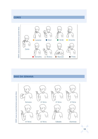11
CORES
DIAS DA SEMANA
FONTE:www.ces.org.br/site/vamos-aprender-libras.
FONTE:www.ces.org.br/site/vamos-aprender-libras.
 