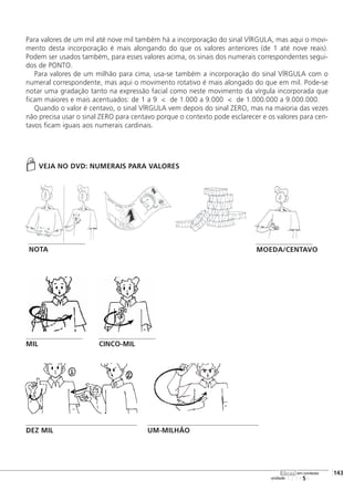 Para valores de um mil até nove mil também há a incorporação do sinal VÍRGULA, mas aqui o movi-
mento desta incorporação é mais alongando do que os valores anteriores (de 1 até nove reais).
Podem ser usados também, para esses valores acima, os sinais dos numerais correspondentes segui-
dos de PONTO.
Para valores de um milhão para cima, usa-se também a incorporação do sinal VÍRGULA com o
numeral correspondente, mas aqui o movimento rotativo é mais alongado do que em mil. Pode-se
notar uma gradação tanto na expressão facial como neste movimento da vírgula incorporada que
ficam maiores e mais acentuados: de 1 a 9 < de 1.000 a 9.000 < de 1.000.000 a 9.000.000.
Quando o valor é centavo, o sinal VÍRGULA vem depois do sinal ZERO, mas na maioria das vezes
não precisa usar o sinal ZERO para centavo porque o contexto pode esclarecer e os valores para cen-
tavos ficam iguais aos numerais cardinais.
VEJA NO DVD: NUMERAIS PARA VALORES
123456
[143
unidade
libras em contexto
CINCO-MILMIL
DEZ MIL UM-MILHÃO
NOTA MOEDA/CENTAVO
 