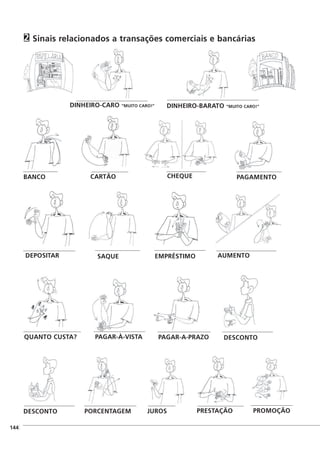 ]144
Sinais relacionados a transações comerciais e bancárias2
PAGAR-À-VISTA PAGAR-A-PRAZO DESCONTO
DEPOSITAR SAQUE EMPRÉSTIMO
BANCO CARTÃO CHEQUE PAGAMENTO
AUMENTO
QUANTO CUSTA?
PRESTAÇÃO PROMOÇÃODESCONTO PORCENTAGEM JUROS
DINHEIRO-CARO “MUITO CARO!” DINHEIRO-BARATO “MUITO CARO!”
 