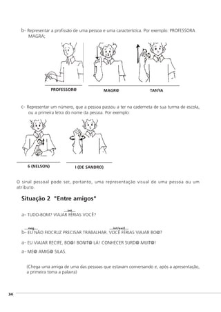 b- Representar a profissão de uma pessoa e uma característica. Por exemplo: PROFESSORA
MAGRA;
c- Representar um número, que a pessoa passou a ter na caderneta de sua turma de escola,
ou a primeira letra do nome da pessoa. Por exemplo:
O sinal pessoal pode ser, portanto, uma representação visual de uma pessoa ou um
atributo.
Situação 2 "Entre amigos"
....int....
a- TUDO-BOM? VIAJAR FÉRIAS VOCÊ?
....neg.... ....int/excl....
b- EU NÃO FIOCRUZ PRECISAR TRABALHAR. VOCÊ FÉRIAS VIAJAR BO@?
a- EU VIAJAR RECIFE, BO@! BONIT@ LÁ! CONHECER SURD@ MUIT@!
a- ME@ AMIG@ SILAS.
(Chega uma amiga de uma das pessoas que estavam conversando e, após a apresentação,
a primeira toma a palavra)
]34
PROFESSOR@ MAGR@ TANYA
6 (NELSON) I (DE SANDRO)
 