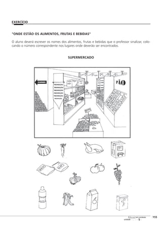 "ONDE ESTÃO OS ALIMENTOS, FRUTAS E BEBIDAS"
O aluno deverá escrever os nomes dos alimentos, frutas e bebidas que o professor sinalizar, colo-
cando o número correspondente nos lugares onde deverão ser encontrados.
SUPERMERCADO
123456
[155
unidade
libras em contexto
EXERCÍCIO
 