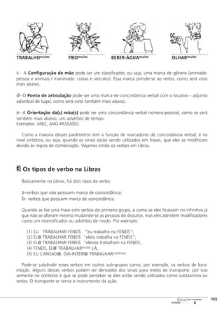 c- A Configuração de mão pode ser um classificador, ou seja, uma marca de gênero (animado:
pessoa e animais / inanimado: coisas e veículos). Essa marca prende-se ao verbo, como será visto
mais abaixo.
d- O Ponto de articulação pode ser uma marca de concordância verbal com o locativo - adjunto
adverbial de lugar, como será visto também mais abaixo.
e- A Orientação da(s) mão(s) pode ser uma concordância verbal número-pessoal, como se verá
também mais abaixo; um advérbio de tempo.
Exemplos: ANO, ANO-PASSADO.
Como a maioria desses parâmetros tem a função de marcadores de concordância verbal, é no
nível sintático, ou seja, quando os sinais estão sendo utilizados em frases, que eles se modificam
devido às regras de combinação. Vejamos então os verbos em Libras.
Os tipos de verbo na Libras
Basicamente na Libras, há dois tipos de verbo:
a-verbos que não possuem marca de concordância;
b- verbos que possuem marca de concordância.
Quando se faz uma frase com verbos do primeiro grupo, é como se eles ficassem no infinitivo já
que não se alteram mesmo mudando-se as pessoas do discurso, mas eles admitem modificadores
como um intensificador ou advérbio de modo. Por exemplo:
(1) EU TRABALHAR FENEIS "eu trabalho na FENEIS";
(2) EL@ TRABALHAR FENEIS "ele/a trabalha na FENEIS";
(3) EL@ TRABALHAR FENEIS "eles/as trabalham na FENEIS;
(4) FENEIS, EL@ TRABALHARmuito LÁ;
(5) EU CANSAD@, DIA-INTEIR@ TRABALHARcontínuo.
Pode-se subdividir esses verbos em outros sub-grupos como, por exemplo, os verbos de loco-
moção. Alguns desses verbos podem ser derivados dos sinais para meios de transporte, por isso
somente no contexto é que se pode perceber se eles estão sendo utilizados como substantivo ou
verbo. O transporte se torna o instrumento da ação.
3
123456
[165
unidade
libras em contexto
TRABALHOmuito FRIOmuito BEBER-ÁGUAmuito OLHARmuito
 