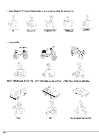 Exemplos de Verbos de locomoção e sinais para meios de transporte:
Locomoção
BICICLETA/GUIAR-BICICLETA MOTOCICLETA/GUIA-MOTO
VAN TÁXI
CARROÇA/GUIAR-CARROÇA
CARRO/DIRIGIR-CARRO
]166
IR CHEGAR VOLTAR/VIR PASSEAR
VIAJAR
 