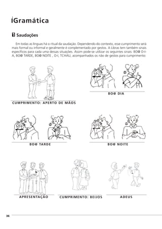 Saudações
Em todas as línguas há o ritual da saudação. Dependendo do contexto, esse cumprimento será
mais formal ou informal e geralmente é complementado por gestos. A Libras tem também sinais
específicos para cada uma dessas situações. Assim pode-se utilizar os seguintes sinais: BO@ D-I-
A, BO@ TARDE, BO@ NOITE , O-I, TCHAU, acompanhados os não de gestos para cumprimento:
1
]36
CUMPRIMENTO: BEIJOS ADEUS
CUMPRIMENTO: APERTO DE MÃOS
APRESENTAÇÃO
BO@ NOITEBO@ TARDE
BO@ DIA
Gramática
 