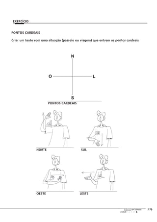 PONTOS CARDEAIS
Criar um texto com uma situação (passeio ou viagem) que entrem os pontos cardeais
123456
[179
unidade
libras em contexto
EXERCÍCIO
PONTOS CARDEAIS
NORTE SUL
OESTE LESTE
N
S
O L
 