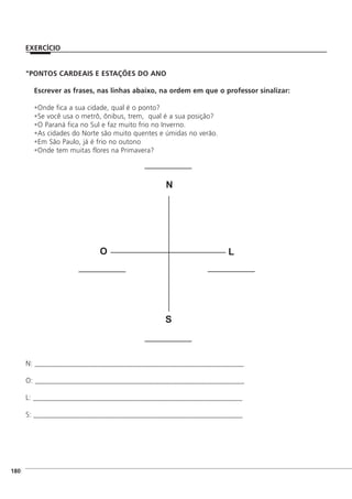 "PONTOS CARDEAIS E ESTAÇÕES DO ANO
Escrever as frases, nas linhas abaixo, na ordem em que o professor sinalizar:
Onde fica a sua cidade, qual é o ponto?
Se você usa o metrô, ônibus, trem, qual é a sua posição?
O Paraná fica no Sul e faz muito frio no Inverno.
As cidades do Norte são muito quentes e úmidas no verão.
Em São Paulo, já é frio no outono
Onde tem muitas flores na Primavera?
N: ___________________________________________________________
O: ___________________________________________________________
L: ___________________________________________________________
S: ___________________________________________________________
]180
N
S
O L
EXERCÍCIO
 