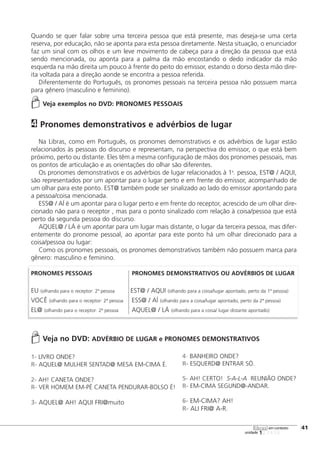 123456
[41
unidade
libras em contexto
Quando se quer falar sobre uma terceira pessoa que está presente, mas deseja-se uma certa
reserva, por educação, não se aponta para esta pessoa diretamente. Nesta situação, o enunciador
faz um sinal com os olhos e um leve movimento de cabeça para a direção da pessoa que está
sendo mencionada, ou aponta para a palma da mão encostando o dedo indicador da mão
esquerda na mão direita um pouco à frente do peito do emissor, estando o dorso desta mão dire-
ita voltada para a direção aonde se encontra a pessoa referida.
Diferentemente do Português, os pronomes pessoais na terceira pessoa não possuem marca
para gênero (masculino e feminino).
Veja exemplos no DVD: PRONOMES PESSOAIS
Pronomes demonstrativos e advérbios de lugar
Na Libras, como em Português, os pronomes demonstrativos e os advérbios de lugar estão
relacionados às pessoas do discurso e representam, na perspectiva do emissor, o que está bem
próximo, perto ou distante. Eles têm a mesma configuração de mãos dos pronomes pessoais, mas
os pontos de articulação e as orientações do olhar são diferentes.
Os pronomes demonstrativos e os advérbios de lugar relacionados à 1a
. pessoa, EST@ / AQUI,
são representados por um apontar para o lugar perto e em frente do emissor, acompanhado de
um olhar para este ponto. EST@ também pode ser sinalizado ao lado do emissor apontando para
a pessoa/coisa mencionada.
ESS@ / AÍ é um apontar para o lugar perto e em frente do receptor, acrescido de um olhar dire-
cionado não para o receptor , mas para o ponto sinalizado com relação à coisa/pessoa que está
perto da segunda pessoa do discurso.
AQUEL@ / LÁ é um apontar para um lugar mais distante, o lugar da terceira pessoa, mas difer-
entemente do pronome pessoal, ao apontar para este ponto há um olhar direcionado para a
coisa/pessoa ou lugar:
Como os pronomes pessoais, os pronomes demonstrativos também não possuem marca para
gênero: masculino e feminino.
PRONOMES PESSOAIS PRONOMES DEMONSTRATIVOS OU ADVÉRBIOS DE LUGAR
EU (olhando para o receptor: 2ª pessoa EST@ / AQUI (olhando para a coisa/lugar apontado, perto da 1ª pessoa)
VOCÊ (olhando para o receptor: 2ª pessoa ESS@ / AÍ (olhando para a coisa/lugar apontado, perto da 2ª pessoa)
EL@ (olhando para o receptor: 2ª pessoa AQUEL@ / LÁ (olhando para a coisa/ lugar distante apontado)
Veja no DVD: ADVÉRBIO DE LUGAR e PRONOMES DEMONSTRATIVOS
1- LIVRO ONDE?
R- AQUEL@ MULHER SENTAD@ MESA EM-CIMA É.
2- AH! CANETA ONDE?
R- VER HOMEM EM-PÉ CANETA PENDURAR-BOLSO É!
3- AQUEL@ AH! AQUI FRI@muito
4
4- BANHEIRO ONDE?
R- ESQUERD@ ENTRAR SÓ.
5- AH! CERTO! S-A-L-A REUNIÃO ONDE?
R- EM-CIMA SEGUND@-ANDAR.
6- EM-CIMA? AH!
R- ALI FRI@ A-R.
 