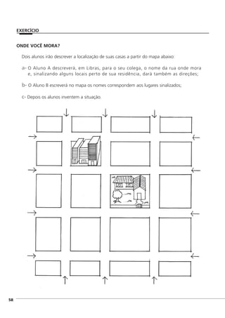 ONDE VOCÊ MORA?
Dois alunos irão descrever a localização de suas casas a partir do mapa abaixo:
a- O Aluno A descreverá, em Libras, para o seu colega, o nome da rua onde mora
e, sinalizando alguns locais perto de sua residência, dará também as direções;
b- O Aluno B escreverá no mapa os nomes correspondem aos lugares sinalizados;
c- Depois os alunos inventem a situação.
]58
EXERCÍCIO
 