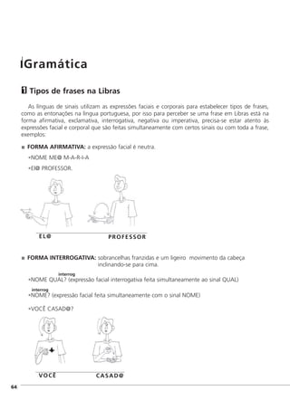 Tipos de frases na Libras
As línguas de sinais utilizam as expressões faciais e corporais para estabelecer tipos de frases,
como as entonações na língua portuguesa, por isso para perceber se uma frase em Libras está na
forma afirmativa, exclamativa, interrogativa, negativa ou imperativa, precisa-se estar atento às
expressões facial e corporal que são feitas simultaneamente com certos sinais ou com toda a frase,
exemplos:
FORMA AFIRMATIVA: a expressão facial é neutra.
•NOME ME@ M-A-R-I-A
•El@ PROFESSOR.
FORMA INTERROGATIVA: sobrancelhas franzidas e um ligeiro movimento da cabeça
inclinando-se para cima.
interrog
•NOME QUAL? (expressão facial interrogativa feita simultaneamente ao sinal QUAL)
interrog
•NOME? (expressão facial feita simultaneamente com o sinal NOME)
•VOCÊ CASAD@?
1
EL@ PROFESSOR
VOCÊ CASAD@
Gramática
]64
 