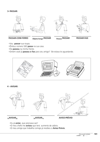 3- PASSAR:
4 - AVISAR:
1sAVISAR2s 3sAVISAR1s AVISO-PRÉVIO
•Eu já avisei, que precisava sair!
•O meu chefe me avisou que terá aumento de salário.
•O meu amigo que trabalha comigo já recebeu o Aviso Prévio.
•Vou passar sua roupa.
•Ônibus número 583 passa na sua casa.
•Ela passou na minha frente.
•Ontem você já passou o fax para seu amigo? Ele estava te aguardando.
PASSAR-COM-FERRO Objeto-longo PASSAR Pessoa PASSAR PASSAR-FAX
123456
[101
unidade
libras em contexto
 