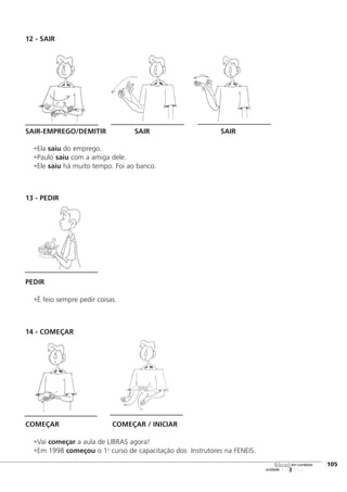 12 - SAIR
SAIR-EMPREGO/DEMITIR SAIR SAIR
•Ela saiu do emprego.
•Paulo saiu com a amiga dele.
•Ele saiu há muito tempo. Foi ao banco.
13 - PEDIR
PEDIR
•É feio sempre pedir coisas.
14 - COMEÇAR
COMEÇAR COMEÇAR / INICIAR
•Vai começar a aula de LIBRAS agora!
•Em 1998 começou o 1o
curso de capacitação dos Instrutores na FENEIS.
123456
[105
unidade
libras em contexto
 