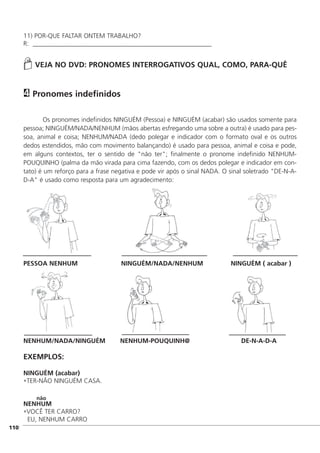 11) POR-QUE FALTAR ONTEM TRABALHO?
R: _______________________________________________________________________
VEJA NO DVD: PRONOMES INTERROGATIVOS QUAL, COMO, PARA-QUÊ
Pronomes indefinidos
Os pronomes indefinidos NINGUÉM (Pessoa) e NINGUÉM (acabar) são usados somente para
pessoa; NINGUÉM/NADA/NENHUM (mãos abertas esfregando uma sobre a outra) é usado para pes-
soa, animal e coisa; NENHUM/NADA (dedo polegar e indicador com o formato oval e os outros
dedos estendidos, mão com movimento balançando) é usado para pessoa, animal e coisa e pode,
em alguns contextos, ter o sentido de "não ter"; finalmente o pronome indefinido NENHUM-
POUQUINHO (palma da mão virada para cima fazendo, com os dedos polegar e indicador em con-
tato) é um reforço para a frase negativa e pode vir após o sinal NADA. O sinal soletrado "DE-N-A-
D-A" é usado como resposta para um agradecimento:
PESSOA NENHUM NINGUÉM/NADA/NENHUM NINGUÉM ( acabar )
NENHUM/NADA/NINGUÉM NENHUM-POUQUINH@ DE-N-A-D-A
EXEMPLOS:
NINGUÉM (acabar)
•TER-NÃO NINGUÉM CASA.
não
NENHUM
•VOCÊ TER CARRO?
EU, NENHUM CARRO
4
]110
 