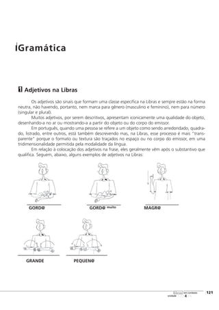 Adjetivos na Libras
Os adjetivos são sinais que formam uma classe específica na Libras e sempre estão na forma
neutra, não havendo, portanto, nem marca para gênero (masculino e feminino), nem para número
(singular e plural).
Muitos adjetivos, por serem descritivos, apresentam iconicamente uma qualidade do objeto,
desenhando-a no ar ou mostrando-a a partir do objeto ou do corpo do emissor.
Em português, quando uma pessoa se refere a um objeto como sendo arredondado, quadra-
do, listrado, entre outros, está também descrevendo mas, na Libras, esse processo é mais "trans-
parente" porque o formato ou textura são traçados no espaço ou no corpo do emissor, em uma
tridimensionalidade permitida pela modalidade da língua.
Em relação à colocação dos adjetivos na frase, eles geralmente vêm após o substantivo que
qualifica. Seguem, abaixo, alguns exemplos de adjetivos na Libras:
GORD@ GORD@ muito MAGR@
GRANDE PEQUEN@
1
123456
[121
unidade
libras em contexto
Gramática
 