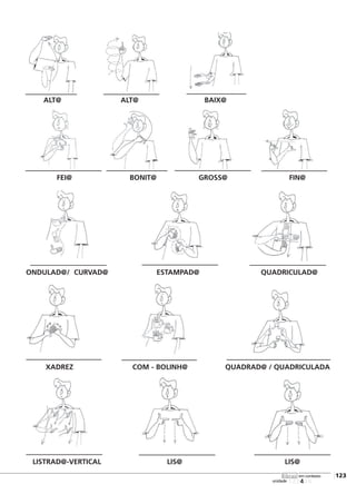 ALT@ ALT@ BAIX@
FEI@ BONIT@ GROSS@ FIN@
ONDULAD@/ CURVAD@ ESTAMPAD@ QUADRICULAD@
XADREZ COM - BOLINH@ QUADRAD@ / QUADRICULADA
LISTRAD@-VERTICAL LIS@ LIS@
123456
[123
unidade
libras em contexto
 