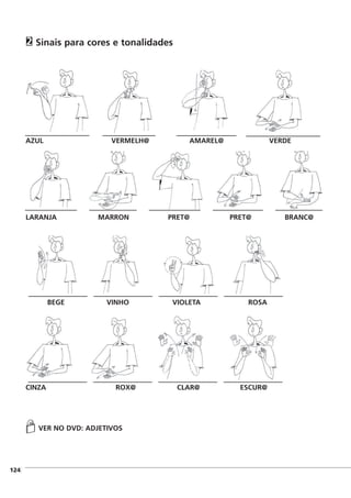 Sinais para cores e tonalidades
AZUL VERMELH@ AMAREL@ VERDE
LARANJA MARRON PRET@ PRET@ BRANC@
BEGE VINHO VIOLETA ROSA
CINZA ROX@ CLAR@ ESCUR@
VER NO DVD: ADJETIVOS
2
]124
 