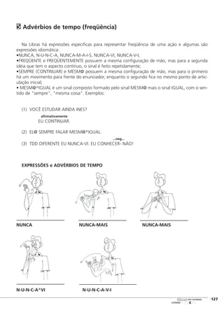 Advérbios de tempo (freqüência)
Na Libras há expressões especificas para representar freqüência de uma ação e algumas são
expressões idiomática:
•NUNCA, N-U-N-C-A, NUNCA-M-A-I-S, NUNCA-VI, NUNCA-V-I;
•FREQÜENTE e FREQÜENTEMENTE possuem a mesma configuração de mão, mas para a segunda
idéia que tem o aspecto contínuo, o sinal é feito repetidamente;
•SEMPRE (CONTINUAR) e MESM@ possuem a mesma configuração de mão, mas para o primeiro
há um movimento para frente do enunciador, enquanto o segundo fica no mesmo ponto de artic-
ulação inicial;
• MESM@^IGUAL é um sinal composto formado pelo sinal MESM@ mais o sinal IGUAL, com o sen-
tido de "sempre", "mesma coisa". Exemplos:
(1) VOCÊ ESTUDAR AINDA INES?
afirmativamente
EU CONTINUAR.
(2) EL@ SEMPRE FALAR MESM@^IGUAL.
...neg...
(3) TDD DIFERENTE EU NUNCA-VI. EU CONHECER- NÃO!
EXPRESSÕES e ADVÉRBIOS DE TEMPO
NUNCA NUNCA-MAIS NUNCA-MAIS
N-U-N-C-A^VI N-U-N-C-A-V-I
5
123456
[127
unidade
libras em contexto
 