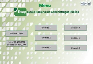 Unidade 1
Unidade 2
Unidade 3
Unidade 4
Unidade 5
Unidade 6
Menu
O que é Libras
Lei nº 10.436/2002
Decreto nº5.656/2005
 
