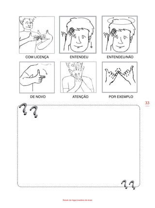 33
Estudo da língua brasileira de sinais
COM LICENÇA ENTENDEU ENTENDEU/NÃO
DE NOVO ATENÇÃO POR EXEMPLO
 