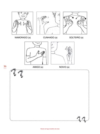 36
Estudo da língua brasileira de sinais
NAMORADO (a) CUNHADO (a) SOLTEIRO (a)
AMIGO (a) NOIVO (a)
 