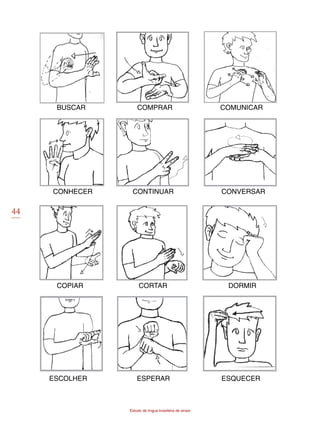 44
Estudo da língua brasileira de sinais
BUSCAR COMPRAR COMUNICAR
CONHECER CONTINUAR CONVERSAR
COPIAR CORTAR DORMIR
ESCOLHER ESPERAR ESQUECER
 