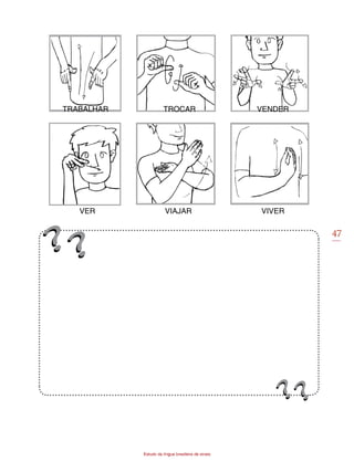 47
Estudo da língua brasileira de sinais
TRABALHAR TROCAR VENDER
VER VIAJAR VIVER
 