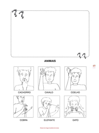 49
Estudo da língua brasileira de sinais
ANIMAIS
CACHORRO CAVALO COELHO
COBRA ELEFANTE GATO
 