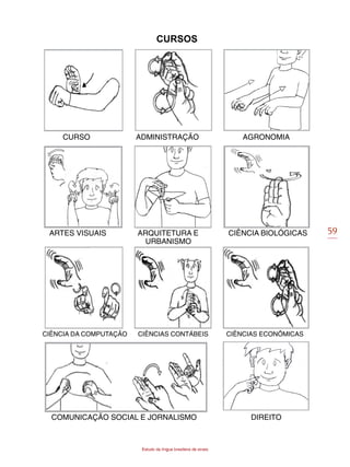 59
Estudo da língua brasileira de sinais
Cursos
CURSO 	 ADMINISTRAÇÃO AGRONOMIA
ARTES VISUAIS ARQUITETURA E 	 CIÊNCIA BIOLÓGICAS
URBANISMO
CIÊNCIA DA COMPUTAÇÃO CIÊNCIAS CONTÁBEIS CIÊNCIAS ECONÔMICAS
COMUNICAÇÃO SOCIAL E JORNALISMO DIREITO
 