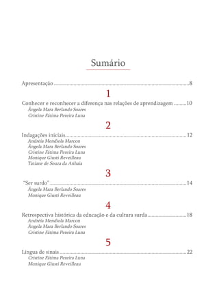 Sumário
Apresentação..................................................................................................8
1
Conhecer e reconhecer a diferença nas relações de aprendizagem..........10
Ângela Mara Berlando Soares
Cristine Fátima Pereira Luna
2
Indagações iniciais........................................................................................12
Andréia Mendiola Marcon
Ângela Mara Berlando Soares
Cristine Fátima Pereira Luna
Monique Giusti Reveilleau
Tatiane de Souza da Anhaia
3
“Ser surdo”...................................................................................................14
Ângela Mara Berlando Soares
Monique Giusti Reveilleau
4
Retrospectiva histórica da educação e da cultura surda.............................18
Andréia Mendiola Marcon
Ângela Mara Berlando Soares
Cristine Fátima Pereira Luna
5
Língua de sinais............................................................................................22
Cristine Fátima Pereira Luna
Monique Giusti Reveilleau
 