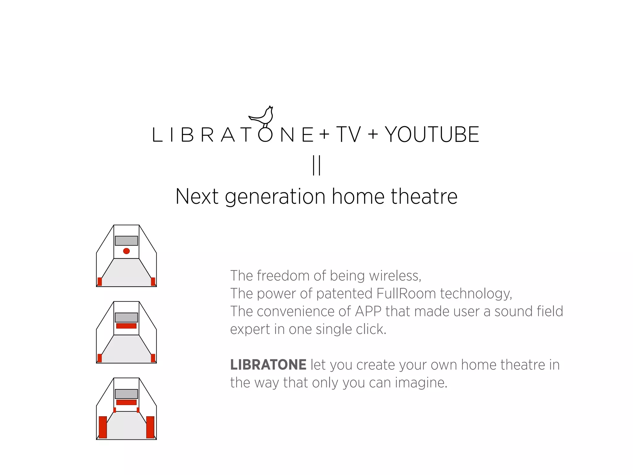 + TV + YOUTUBE
||
Next generation home theatre

The freedom of being wireless,
The power of patented FullRoom technology,
The convenience of APP that made user a sound field
expert in one single click.
LIBRATONE let you create your own home theatre in
the way that only you can imagine.

 