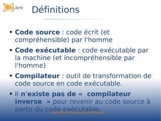 Définitions Code source  : code écrit (et compréhensible) par l'homme Code exécutable  : code exécutable par la machine (et incompréhensible par l'homme) Compilateur  : outil de transformation de code source en code exécutable. Il  n'existe pas de « compilateur inverse »  pour revenir au code source à partir du code exécutable. 