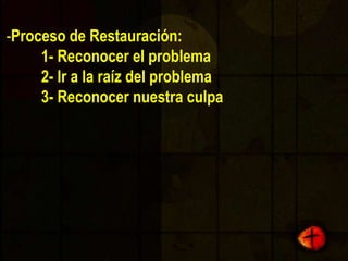 Proceso de Restauración:	1- Reconocer el problemaProceso de Restauración:	1- Reconocer el problema 	2- Ir a la raíz del problemaProceso de Restauración:	1- Reconocer el problema 	2- Ir a la raíz del problema 	3- Reconocer nuestra culpaProceso de Restauració:	1- Reconocer el problema 	2- Ir a la raiz del problema 	3- Reconocer nuestra culpa 	4- Buscar Ayuda