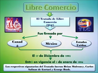 El Tratado de Libre
Comercio
(TLC)

Canad
á

México

Estados
Unidos

Los respectivos signatarios del Tratado fueron Brian Mulroney, Carlos
Salinas de Gortari y George Bush.

 