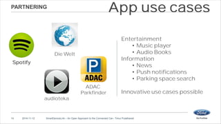 PARTNERING 
App use cases 
Entertainment 
• Music player 
• Audio Books 
Information 
• News 
• Push notifications 
• Parking space search 
Innovative use cases possible 
Spotify 
Die Welt 
audioteka 
ADAC 
Parkfinder 
14 2014-11-12 SmartDeviceLink – An Open Approach to the Connected Car– Timur Pulathaneli 
 