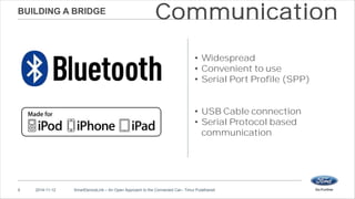BUILDING A BRIDGE 
Communication 
• Widespread 
• Convenient to use 
• Serial Port Profile (SPP) 
• USB Cable connection 
• Serial Protocol based 
communication 
9 2014-11-12 SmartDeviceLink – An Open Approach to the Connected Car– Timur Pulathaneli 
 