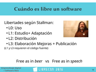 10
Emprendizaje digital
+ Software libre
Cuándo es libre un software
Libertades según Stallman:
●
L0: Uso
●
L1: Estudio+ Adaptación
●
L2: Distribución
●
L3: Elaboración Mejoras + Publicación
(L1 y L3 requieren el código fuente)
Free as in beer vs Free as in speech
 