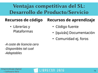 15
Emprendizaje digital
+ Software libre
Ventajas competitivas del SL:
Desarrollo de Producto/Servicio
Recursos de código
●
Librerías y
Plataformas
-A coste de licencia cero
-Disponibles tal cual
-Adaptables
Recursos de aprendizaje
●
Código fuente
●
[quizás] Documentación
●
Comunidad ej. foros
 